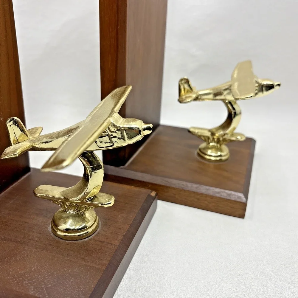 Vintage Art Deco Style Brass Airplane Wooden Bookends Book Ends Wood Plane